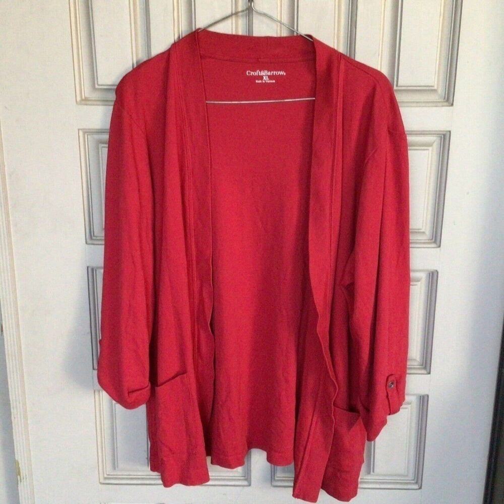 Croft&Barrow Cardigan SzM Open Front Red 3/4Sleeve Button Detail Pre-Owned